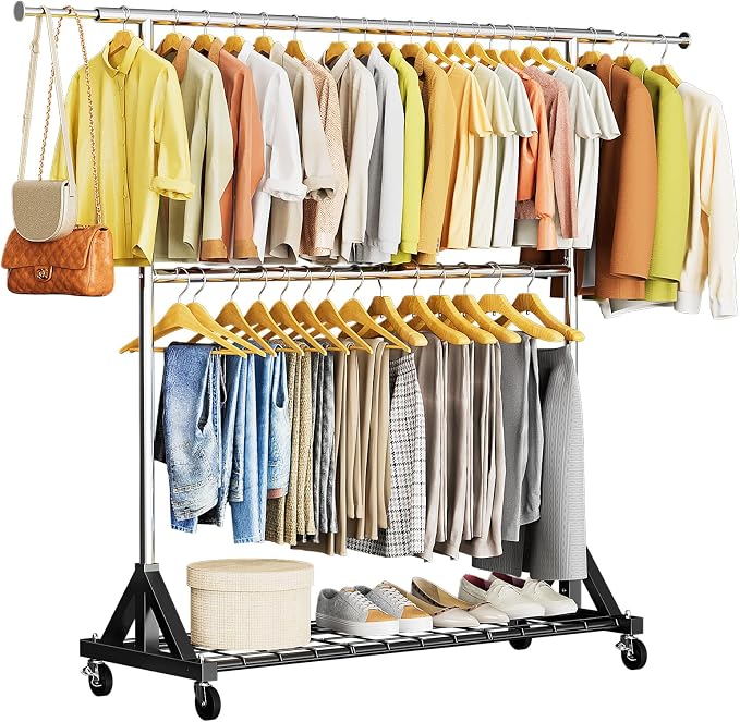 Luxspire Heavy Duty Clothes Rack with Lockable Wheels Load 600 LBS, Silver | Double hanging rods, heavy-duty iron mesh frame, adjustable extendable rods, ideal for laundry room & bedroom garment storage