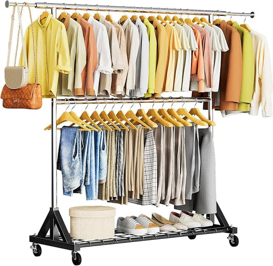 Luxspire Heavy Duty Clothes Rack with Lockable Wheels Load 600 LBS, Silver | Double hanging rods, heavy-duty iron mesh frame, adjustable extendable rods, ideal for laundry room & bedroom garment storage