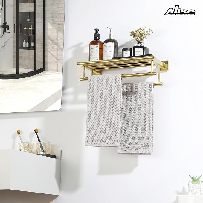 Alise Double Towel Rack for Bathroom Wall Mounted 20 Inch,Brushed Gold | SUS304 Stainless Steel Towel Rack with Shelf,Bathroom Tower Holder Towel Shelf with Double Towel Bars for Bath Kitchen