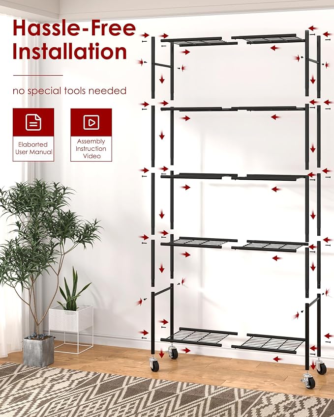 Sakugi 5-Tier Storage Shelves 33.1" x12.6" x73.5" Black with Wheels | Kitchen, Closet, Pantry, Garage, Heavy Duty, Adjustable Feet, Metal Construction
