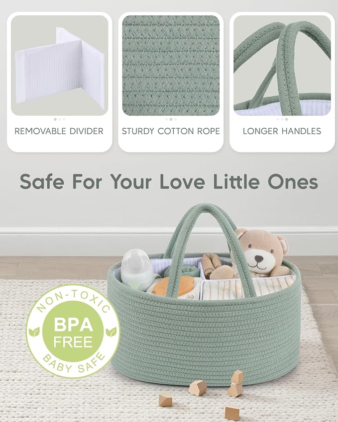 Maliton Diaper Caddy Organizer for Baby, Portable Diaper Storage Organizer for Changing Table and Car, Cotton Rope Nursery Storage Bin Basket for Baby Shower, Newborn Essentials Must Haves - Green