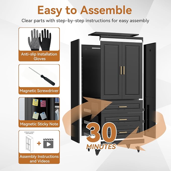 Polup 71" Black Metal Armoire Wardrobe Closet with Doors and 3 Drawers | Freestanding Heavy Duty Steel Clothing Storage Cabinet, Hanging Rod, 180lbs Adjustable Shelves, for Office, Bedroom & Garage