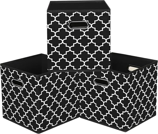 Black Foldable Storage Cubes Bins, Fabric Storage Box Cubes Organizer Baskets with Dual Handles for Home Organizer,Set of 3,(Black Light)