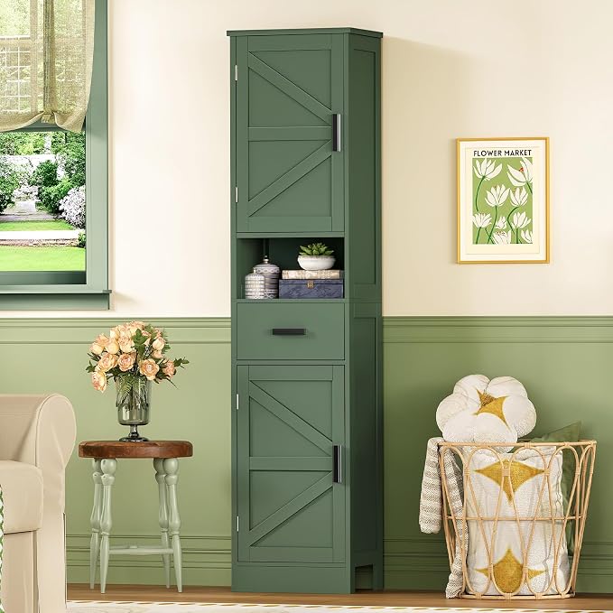67" H Tall Bathroom Storage Cabinet with Barn Doors and Drawer, Narrow Bathroom Cabinet, Narrow Storage Unit, Adjustable Shelves, Floor Cabinets for Living Room, Forest Green