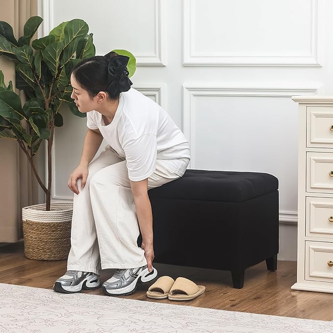 Storage Ottoman Bench, Tufted Fabric Upholstered End of Bed Bench with Safety Hinge Wooden Legs, for Entryway Bedroom (Cotton and Linen Black, 33.3")