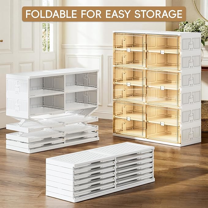 JEKO&JEKO 6 Tiers Foldable Shoe Rack Organizer Cabinet for Closet Entryway, Large Collapsible Shoe Storage Box with Magnetic Doors Fits Up to 24 Pairs (White)