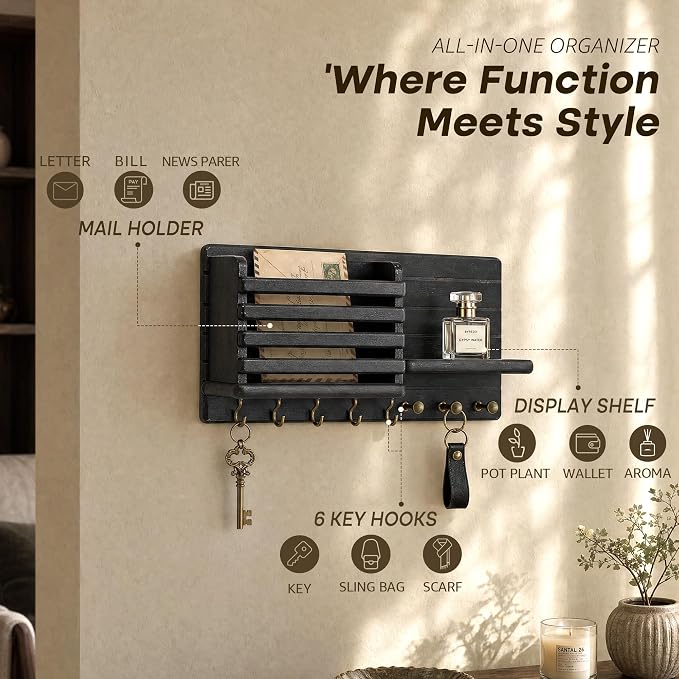 Rebee Vision Key Holder Wall Mount with 8 Key Hooks for Rome Decor, Black | Pine Wood, Key Holder for Wall, Mail Slot, Key Hanger for Keys, Shelf for Plant, Entryway Mail Organizer, Home Improvement