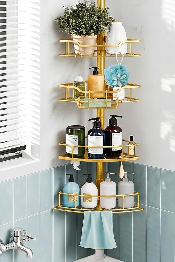 Corner Shower Caddy Tension Pole, 4 Tier Rustproof Shower Tension Rod Organizer, Adjustable 25-125 Inch Bathroom Shower Organizer Shelves for Bathtub Shampoo Storage, Gold