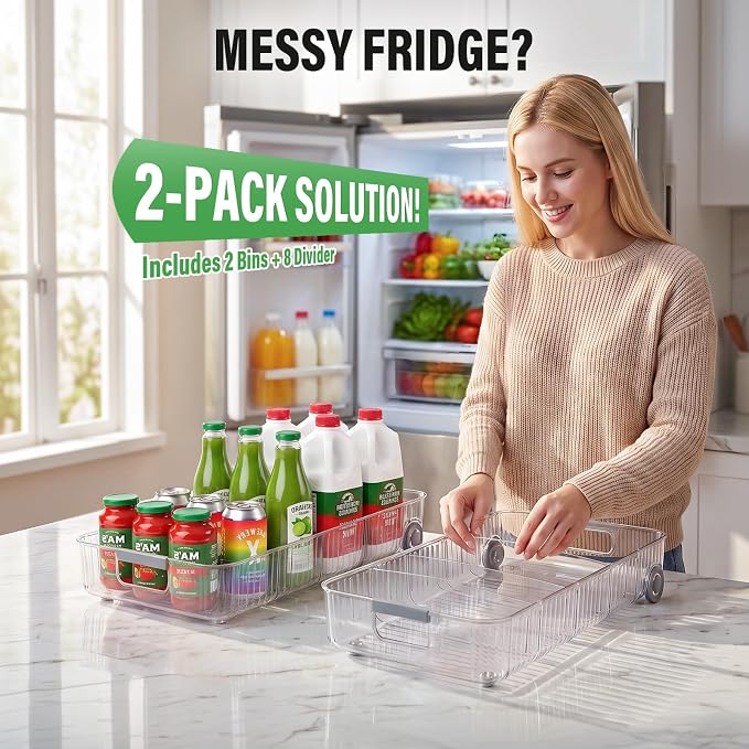 Fridge Organizer Bins with Wheels, Pull Out Fridge Organizer, Adjustable Dividers and Easy Pull Handles, Clear Plastic, 2-Pack, Suitable for Kitchen, Pantry and Cabinet Deep Shelves