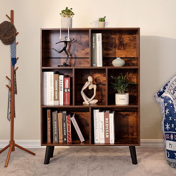 LEYAOYAO Cube Bookshelf, Mid-Century Modern Book Shelf with Legs, Brown | 3 Tier Bookcase, Rustic Wood Bookshelves, Freestanding Small Storage Organizer, Open Shelves for Bedroom, Living Room, Office