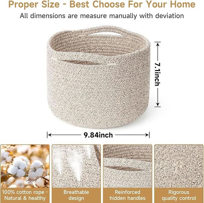 3 Pack Small Rope Storage Baskets, 9.82×9.82×7.1", Brown | Cotton Basket for Gifts Empty, Cute Round Woven Basket, Decorative Shelf Basket Organizer, Organizing Basket for Shelves