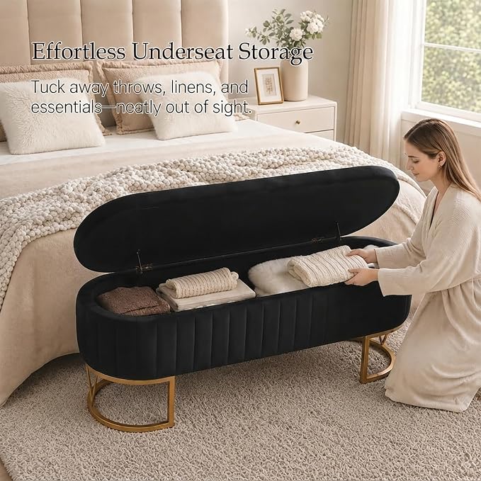 46" Storage Ottoman Bench, Velvet Oval End of Bed Bench Black | Easy 1-Min Assembly, High-Resilience Foam, Large Hidden Storage, Sturdy Gold Metal Legs