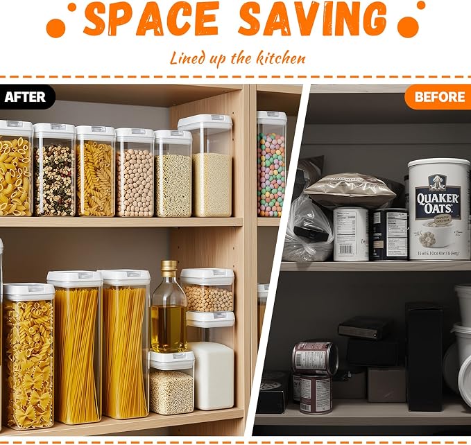 Clear Airtight Food Storage Containers, 7-Piece Set | BPA-free plastic kitchen pantry organization canisters. Stackable design ideal for cereal, spaghetti, and pasta storage.