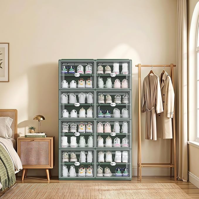 Foldable Shoe Cabinet with Magnetic Clear Doors, Wide Design Shoe Rack for Entryway, Portable Shoe Organizer Meeting Diverse Storage Needs (Green, 2Row 8Tier)