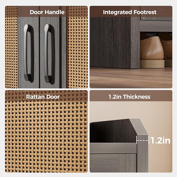 Shoe Cabinet Storage for Entryway, Natural Rattan Shoes Cupboard, Wooden Shoe Rack with Doors and Shelves, Farmhouse Boho Wood Shoe Organizer Cabinet for Hallway Black