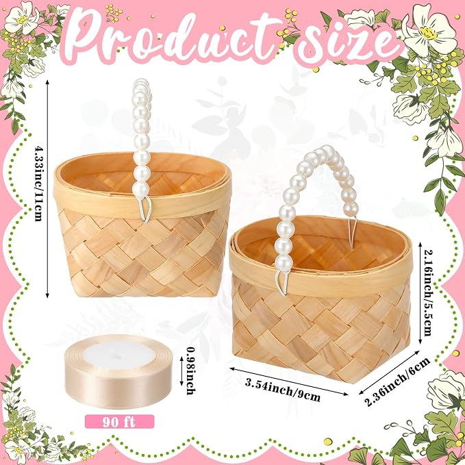 12 Pcs Mini Flower Girl Basket Mini Woven Baskets with Pearl Handles Wood Chip Flower Fruit Picnic Holder with RibbonCh ip Bucket for Wedding Party Gifts Baby Shower Birthday Party Decoration
