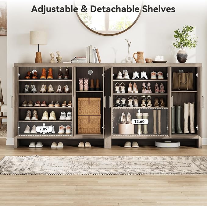 ONBRILL Shoe Cabinet with 3 Doors, 30 Pairs Shoe Storage Cabinet with Adjustable Shelves & Ventilation Hole Design, 47'' Wide Shoe Rack Shoe Organizer Cabinet for Entryway Living Room (Light Gray)