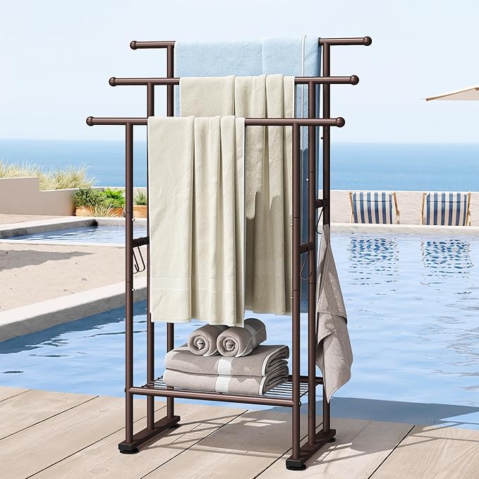 ELYKEN 3 Tier Freestanding Towel Rack with Shelf, 40" H Towel Stand, Bronze | Metal Drying Rack for Oversized Bath Towels & Blankets, 4 Hooks, Indoor & Outdoor Use, Fits Bathroom, Tub, Shower, Poolside