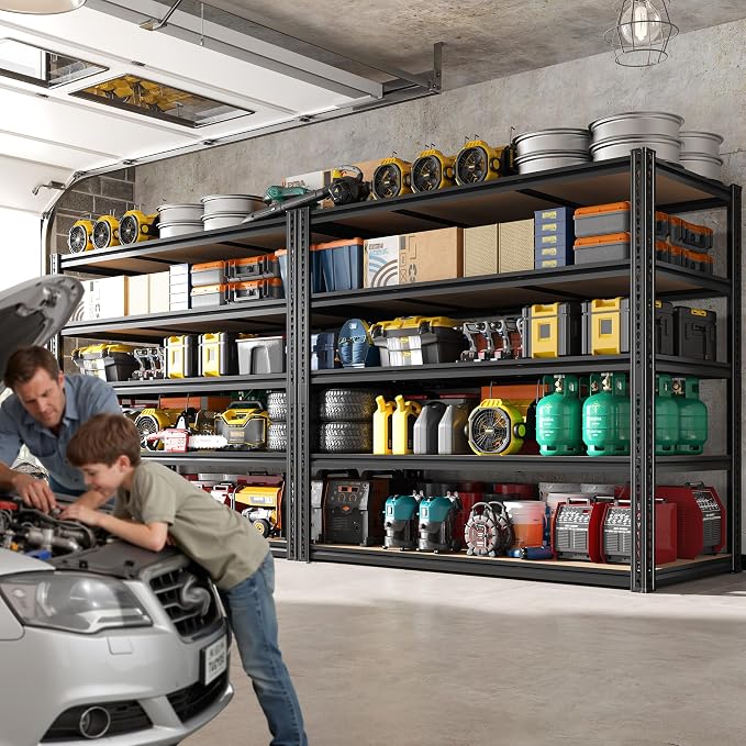 48" W Garage Shelving, Garage Storage Shelves Heavy Duty 3060LBS, Adjustable Metal Shelving Unit 5 Tier Industrial Shelving for Warehouse, Pantry, Closet, Kitchen, 72" H x 48" W x 24" D, Black, 2PCS