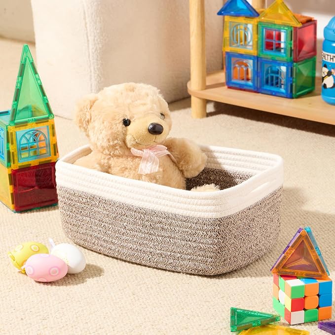 MiniArk Small Storage Baskets for Organizing | Closet Organizer Bins | Shelf Toy Basket | Woven Rope Baskets | Cube Decorative Box | Shallow Basket | 13x8.5x5.1” | 4 Packs White Brown