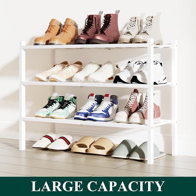 Smiry Bamboo Shoe Rack, 12 Vertical Slats, 3 Tier - 26.8" Wide, White | Stackable Free Standing Wooden Shoe Organizer, Wood Shoe Storage Shelf for Closet, Entryway