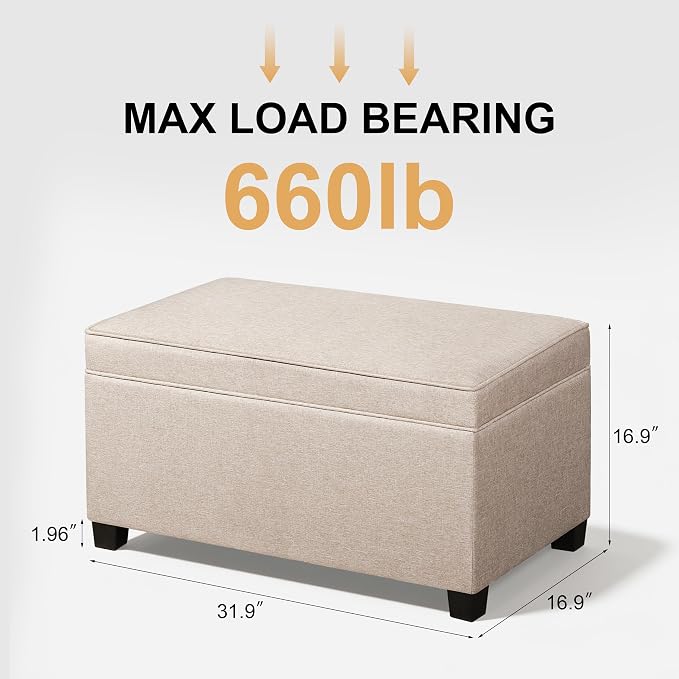Adeco 31 Inches Storage Ottoman Bench, Non-Folding End of Bed Foot Rest Stools Ottoman with Thicker Foam Padded Seat, Upholstered Storage Chest for Living Room, Entryway, Bedroom
