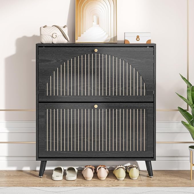 Fsbecl Shoe Storage Cabinet for Entryway with 2 Flip Drawers, Narrow Wood Shoe Cabinet with Fluted Panel, Freestanding Hidden Shoe Organizer for Hallway