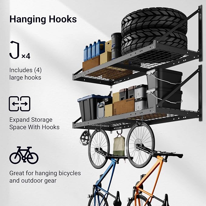 FLEXIMOUNTS 2-Pack 2x4 ft Garage Wall Shelving with 4 Hooks, Black | Brace guardrail, 660 lb capacity, Heavy-duty steel, Wall mounted storage, Garage organization, Pro Series
