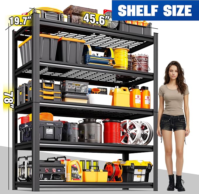 6 Pack Garage Shelving 5-Tier Heavy Duty Storage Shelves, Tool-Free Adjustable Metal Shelf Unit, Utility Organizer Rack for Basement, Pantry, Kitchen, Warehouse, 45.6"W x 19.7"D x 78"H, Black