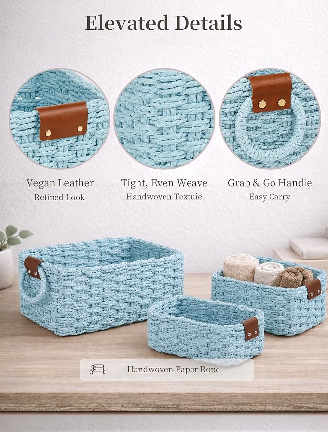 Small Wicker Baskets, 3 PCS Paper Rope Baskets for Shelves, Light | Recycled Small Baskets, 3 Sizes Woven Baskets for Organizing, Decorative Storage Baskets for Bedroom and Bathroom