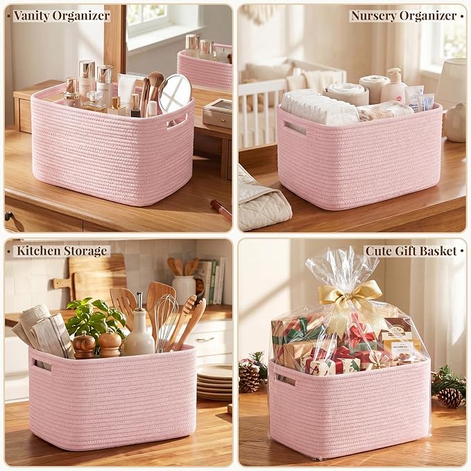 OIASKET 4Packs Natural Cotton Rope Storage Baskets for Organizing Toys, Clothes, Towels & Books, Soft Versatile Organizers for Shelves, Home Decorative Bins, 13''Lx9''Wx7.8''H, Pink