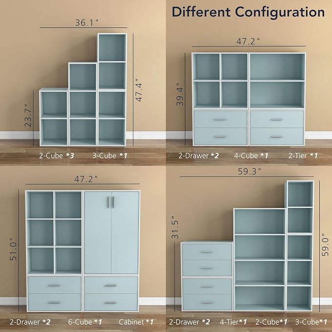 Homes: Inside + Out Apexa 2-Tier Cube Storage Organizer Shelves, Stackable Wood Bookcase Fits Cubby Bins for Organization, Dorm Teen Room Decor & Home Office, Light Blue