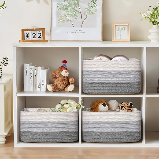 2 Pack Large Storage Basket for Organizing, 17.5"x13"x7" Woven Basket for Shelves, Closet Cube Storage Bins with Wrapped Handle, Cotton Rope Baskets for Kitchen, Clothes, Toys(Gradient Grey)
