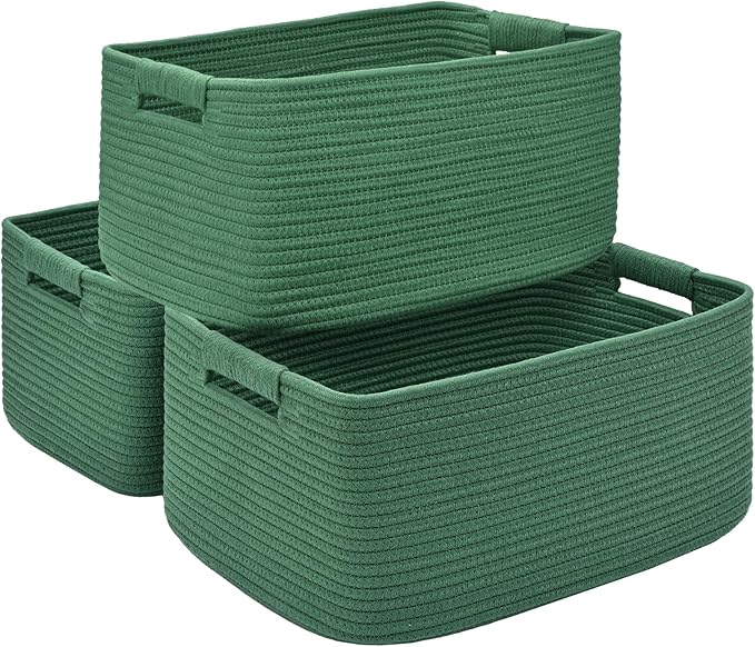 3 Pack Large Storage Basket for Organizing, 17.5"x13"x7" Woven Basket for Shelves, Closet Cube Storage Bins with Wrapped Handle, Cotton Rope Baskets for Kitchen, Clothes, Toys(Green)