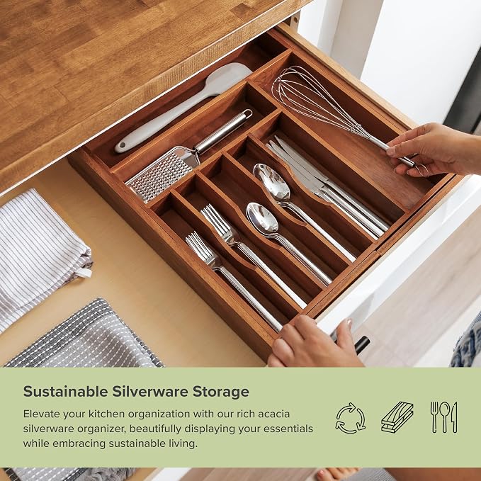 KitchenEdge Silverware & Utensil Drawer Organizer, 16-28 in, Acacia | Cutlery, flatware, food-safe contract grade, kitchen drawer fit