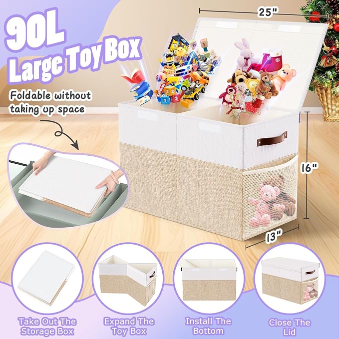 Large Toy Storage Box with Lid & Dividers, Kids Toy Chest, Beige and White | Toy Box for Boys, Girls, Nursery, Bedroom, Living Room, Playroom, 25 x 13 x 16 inches