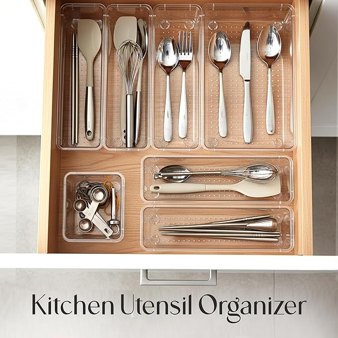 KICHLY 25-Piece Clear Drawer Organizer Set – Multi-Size Storage Trays | Bathroom, vanity, makeup, kitchen & office use | Caddy style | Desk organizer set