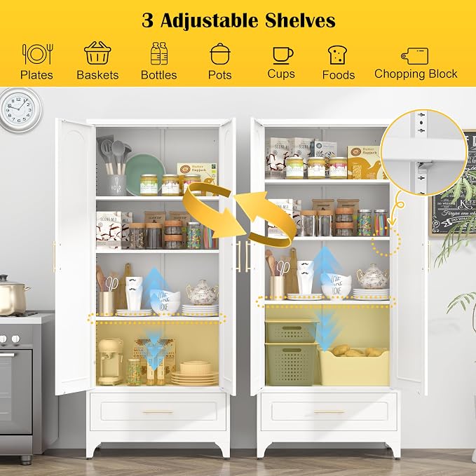 SteeLoong 75”Kitchen Pantry Cabinet, Metal Storage Cabinet with Drawer | White Pantry Cabinets for Kitchen Storage with 3 Adjustable Shelves,Tall Freestanding Cupboard for Living Room,Kitchen,Garage