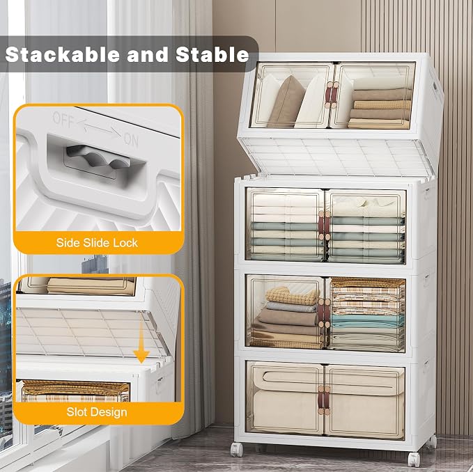 UAMFURI Stackable Storage Bins, 448QT Collapsible Drawers with Lid & Wheels | Large Capacity, Magnetic Door, Stack Lock, Rolling Casters, Foldable Design, Organizers and Storage for Bedroom Dorm Garage