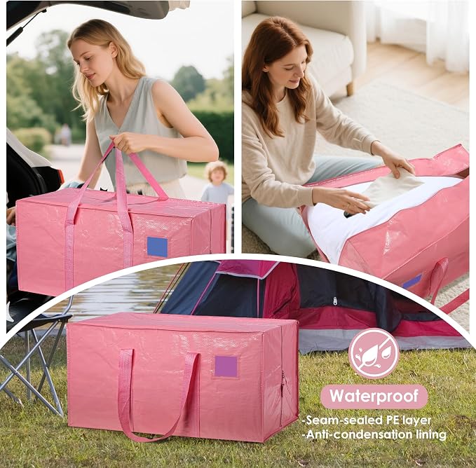 6 Pack Moving Bags with Full-Open Side Zipper, Extra Large 93L Heavy Duty Waterproof Foldable Storage Totes for College Dorm, Moving & Home Organization Pink