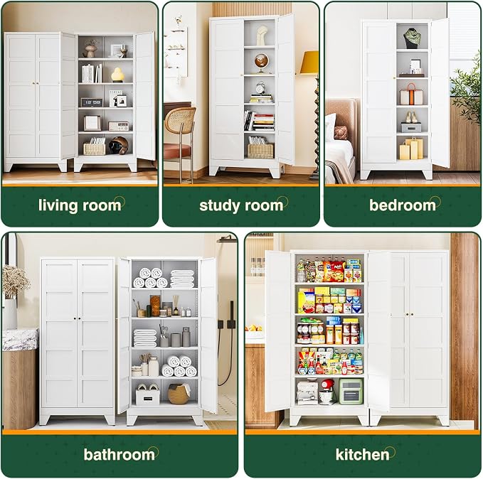 Letaya 72" H Metal Storage Cabinet with 2 Doors and 4 Shelves,Tall Kitchen Pantry Cabinets,Utility Pantry Organizers for Cupboard/Dining/Bathroom/Home Office/Garage (White, 72" H x 18" D x 33.5" W)