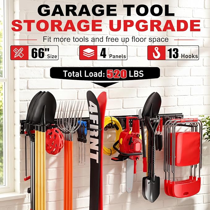 Garage Tool Organizer Wall Mount 66 inches with 13 Adjustable Heavy-Duty Hooks, Garage Organization, Garden Tool Storage Rack, Yard, and Shed, Holds Up to 520 lbs