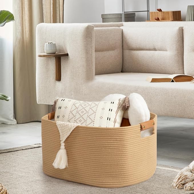 danpinera 108 L Blanket Basket for Living Room, Toy Basket With Leather Handle, Large Storage Bins for Toys, Pillows, Clothes, Rectangle Large Cotton Rope Basket, 25’’*16’’*16’’ Jute