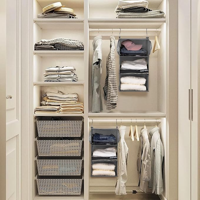 MAX Houser 3 Tier Shelf Hanging Closet Organizer, Closet Hanging Shelf with 2 Sturdy Hooks for Storage, 2 Pack, Foldable (Grey)