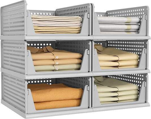 Pinkpum 6 Pack Closet Organizer Storage Bins Stackable Plastic Drawer Shelf | Basket for Clothing Stackable Storage Bins Shelf Storage Container for Closet Wardrobe Bedroom Bathroom Office Grey Foldable