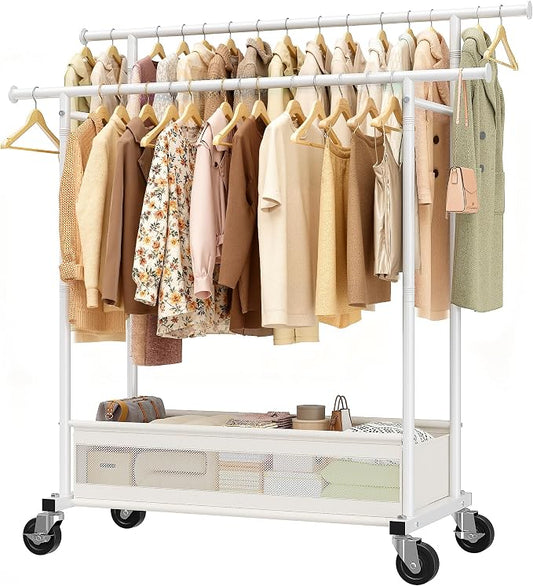 Clothes Rack 210 LBS Double Rods Extra Storage Basket | Rustproof Coated Steel, Anti-bending Design, 360° Sturdy Wheels, 10-Min Tool-Free Assembly, Metal Garment Rack for Home