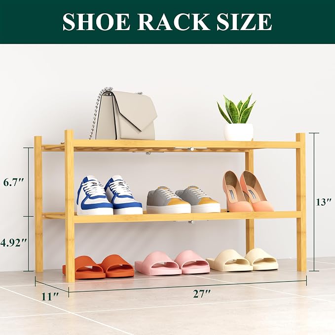 Smiry Bamboo Shoe Rack, 14 Vertical Slats, 2 Tier - 26.8" Wide, Natural | Stackable Free Standing Wooden Shoe Organizer, Wood Shoe Storage Shelf for Closet, Entryway, Thicher Leg
