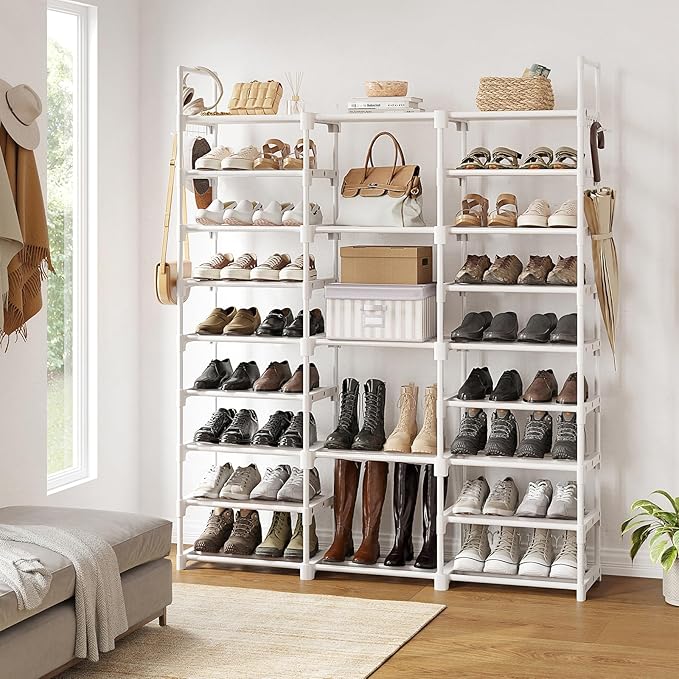 WOWLIVE 9 Tier 3-Column Shoe Rack, 50-55 Pairs Stackable White | 50in long for larger entryways. Removable shelves fit tall boots. Split into multiple units for garage/closet.