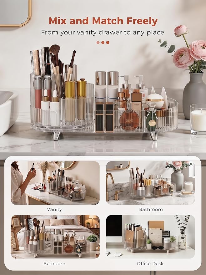 Booklov Rotating Makeup Organizer for Vanity Countertop, Clear | Clear Acrylic Cosmetic Display Case, Large Beauty Brush Holder for Bathroom Counter, Skincare Lipsticks Storage