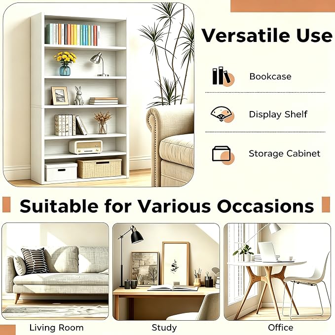 HealSmart 6 Tier Bookcase, Industrial 6 Book Shelf, 9.2" D x 23.8" W x 63" H Tall Open Cube Storage Organizer for Home Office, Living Room, Bedroom and Dinning Room, White